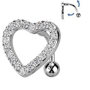 Omgekeerde Navelpiercing met Kristallen belegd Hart - Zilver - Helder