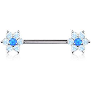 Tepel barbell met gekleurde kristallen bloem en opalite steen - Goud - Opaal Blauw