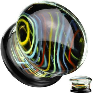 Double Flared Oor Plug gemaakt van Zwart Glas met Regenboog Swirl - 12 mm