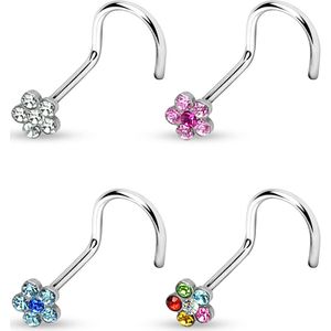 Neuspiercing met bloemetje en gekleurde kristallen - 1 mm - Aqua