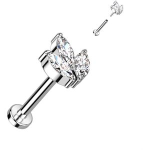 Titanium Threadless Labret met Driedubbele Marquise Opaal Steentjes - Zilver - Helder