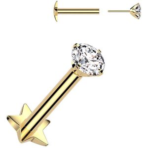 Threadless Titanium Labret met Prong Set Steentje en Sterren Basis - Goud - 1.0 mm - 8 mm