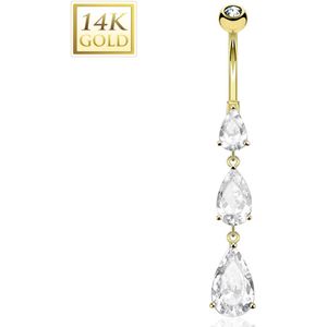 14Kt. gouden navelpiercing met oplopende droplet kristallen aan hanger