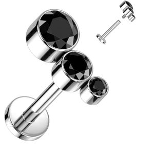 Interne Titanium Labret met 3 Bezel Kristallen in oplopende groottes - Zilver - Zwart