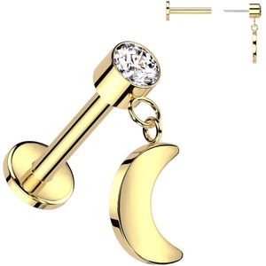 Titanium Threadless Labret met Bezel Kristal en Maan hangertje - Goud - 1.2 mm - Helder