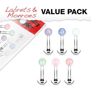 Set van zes labrets met gekleurde glitter balletjes