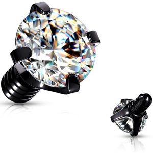 Intern geschroefde piercing top met gekleurd prong set kristal - 1.2 mm – Zwart – 4 mm
