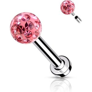 Intern geschroefde Labret Piercing met kristalrijk balletje - Zilver - Roze