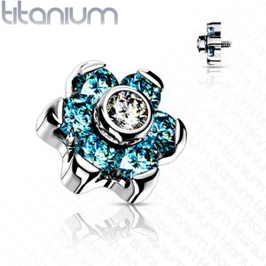 Intern Geschroefde Titanium Bloem Top met Gekleurde Steentjes en Heldere Kern - 1.2 mm - Aqua - 5 mm