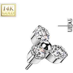 14 Kt. Gouden Threadless Driehoekige Bloemetjes Top met 3 Steentjes - Wit Goud
