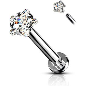 Intern geschroefde Labret met stervormig steentje - Zilver - 6 mm - Helder
