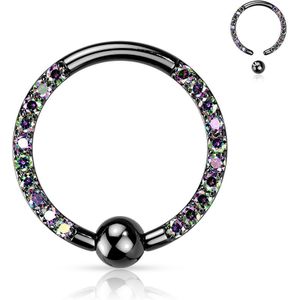 Titanium Ball Closure Ring met Belegd met Naarvoren Gerichte Steentjes - Zwart - 10 mm - Vitrail (Regenboog)