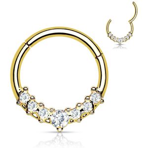 Piercing ring met vast segment en 7 heldere kristallen – 10 mm – Goud