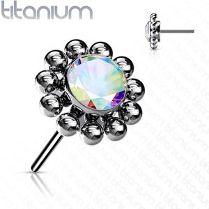 Threadless Titanium Top met Bloem Top Kralen en Stenen Kern - Zilver - Aurora Borealis - 5 mm
