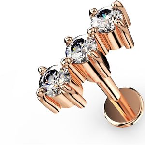 Intern Geschroefde Labret met Rechte Rij van Drie Steentjes - Rose Goud