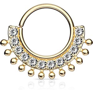 Piercing ring met waaier van heldere kristallen en kralen – Goud