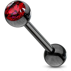 Titanium plated barbell met 1 steentje - zwart / rood