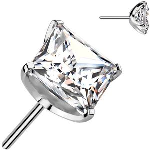 Threadless Titanium Top met Vierkant Steentje - Zilver - 3 mm - Helder