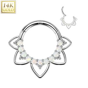 14 Kt. Gouden Segmentring met Front Steentjes en Blad Filigraan - Wit Goud - 8 mm - Wit