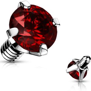 Intern geschroefde piercing top met gekleurd prong set kristal - 1.2 mm – Rood – 4 mm