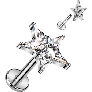 Interne Labret van Titanium met grote Kristallen Ster - Zilver - Helder