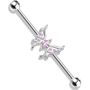 Gekleurde industrial barbell met kristallen vlinder in midden - Zilver - Roze