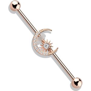 Industrial barbell met kristallen halve maan en ster - Rosé Goud