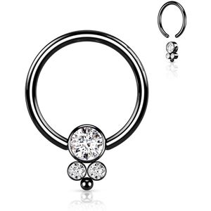 Ball Closure Ring met Cluster van Drie Ronde Steentjes - Zwart - 1.2 mm - 10 mm