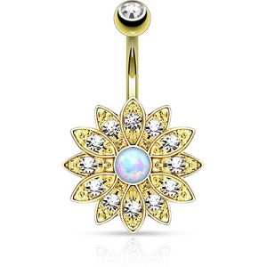 Navelpiercing met grote kristallen bloem en Opaal kristal - goud