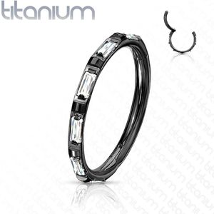 Titanium piercing ring met vast segment en rechthoekige kristallen – 10 mm – Zwart