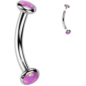Intern Geschroefde Titanium Curved Barbell met Platte Bezel Set Stenen  - Zilver - Opalite Roze