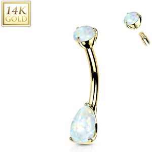 Massief Gouden Navelpiercing met Traanvormig Steentje - Geel Goud - Opaal Wit