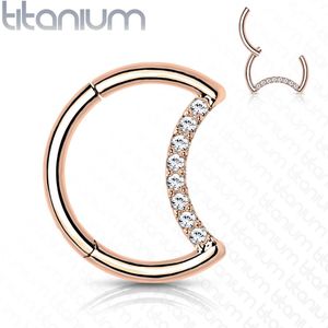 Titanium halve maan piercing ring met vast segment en kristallen – Rosé Goud