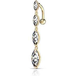 Gekleurde omgekeerde navelpiercing met 4 kristallen als hanger – Goud