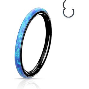Gekleurde piercing ring met vast segment en opaal buitenzijde - 1.2 mm - 8 mm - Opaal Blauw - Zwart Titanium Plating