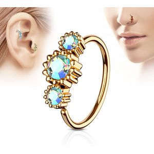 Rosé gouden piercing ring met drie aurora borealis ronde diamantjes