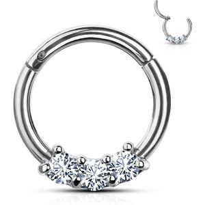 Piercing ring met vast segment en 3 prong set kristallen - Zilver