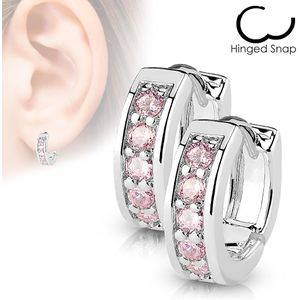 Paar zilveren oorbellen met een streep van roze kristallen