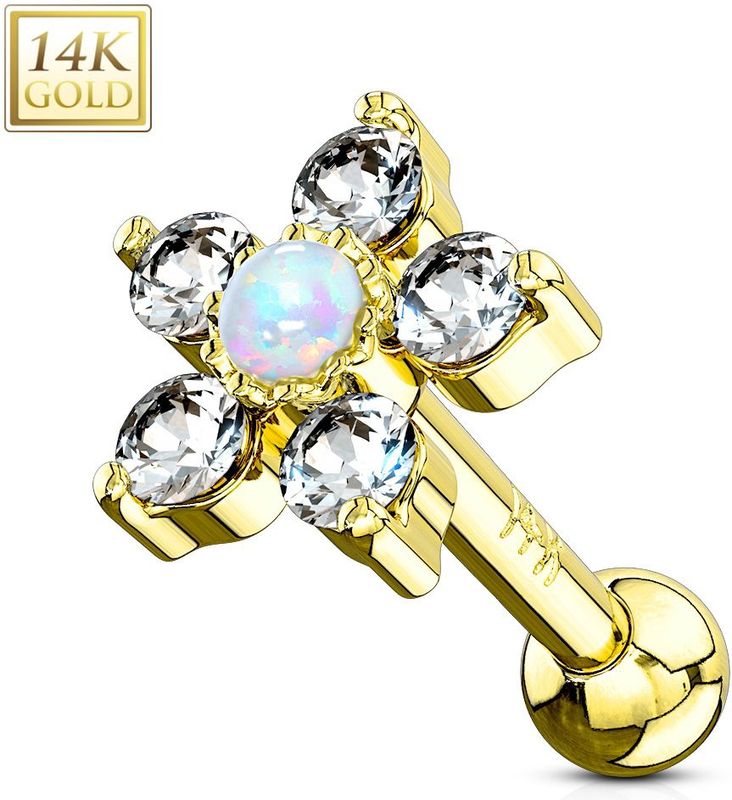 14 Kt. gouden oor piercing met bloem en opaal steen - Geel Goud