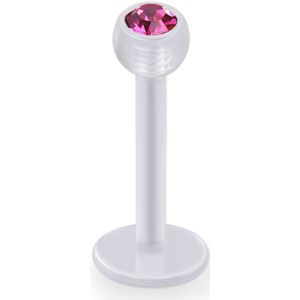 Acryl labret met gekleurd kristal in top bal - 6 mm - 3 mm - roze