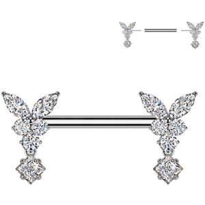 Threadless Tepelpiercing met Vlinders en Hangend Diamant Gevormd Steentje - Zilver