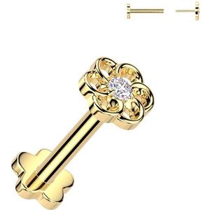 Threadless Titanium Labret met Bloemetjes Top met Steentje en Bloemetjes Basis - Goud - 1.0 mm