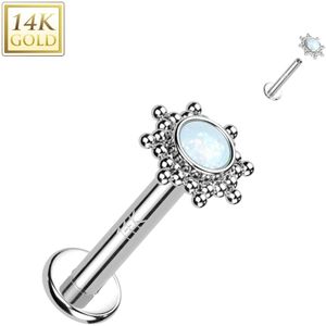 Intern Geschroefde 14kt. Gouden Labret met Kralen Zon en Gecentreerde Steen - Wit Goud - 6 mm - Wit