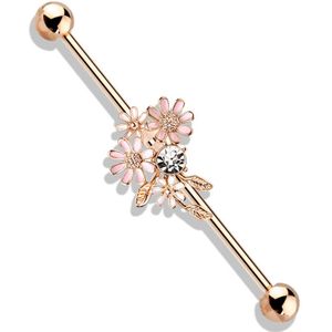 Gekleurde industrial barbell met roze bloemen en kristallen - Rosé Goud