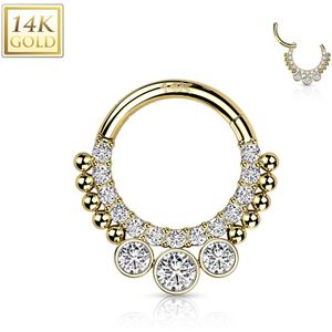 Massief Gouden Segmentring met Kristallen Belegde Voorkant en 3 Grote Kristallen