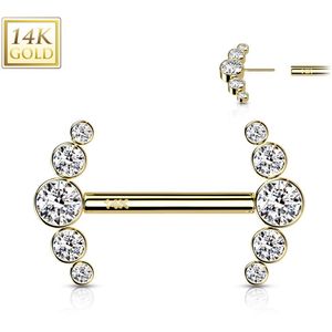 Massief Gouden Threadless Tepelpiercing met Gebogen Zijdes en 5 Heldere Steentjes - 14 mm- Geel Goud