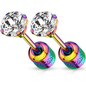 Paar gekleurde oorstuds met prong set heldere juweeltjes - 4 mm - Regenboog