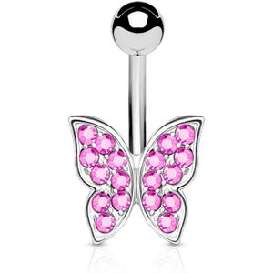 Navelpiercing met vlinder van roze gekleurde diamantjes