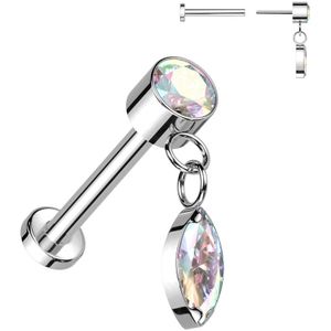 Threadless Titanium Labret met ronde Bezel top en Markies hangertje - Zilver - 6 mm - Aurora Borealis