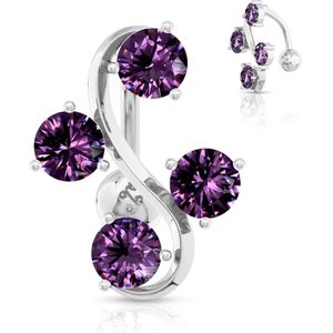 S-vormige navelpiercing met 4 gekleurde kristallen - Tanzanite